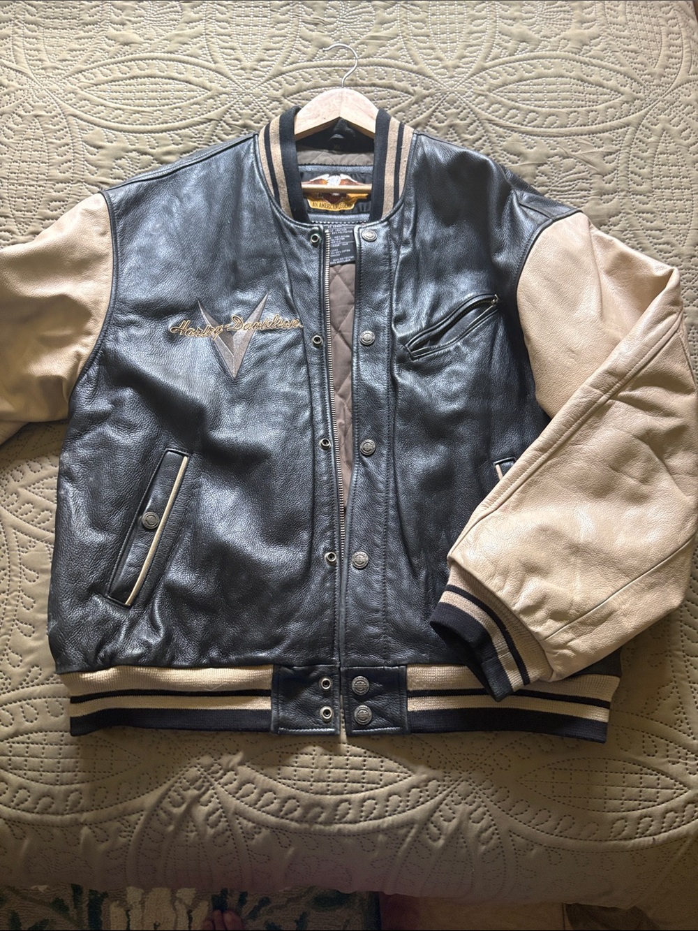 Harley-Davidson Black and Tan Leather Bomber Varsity Jacket